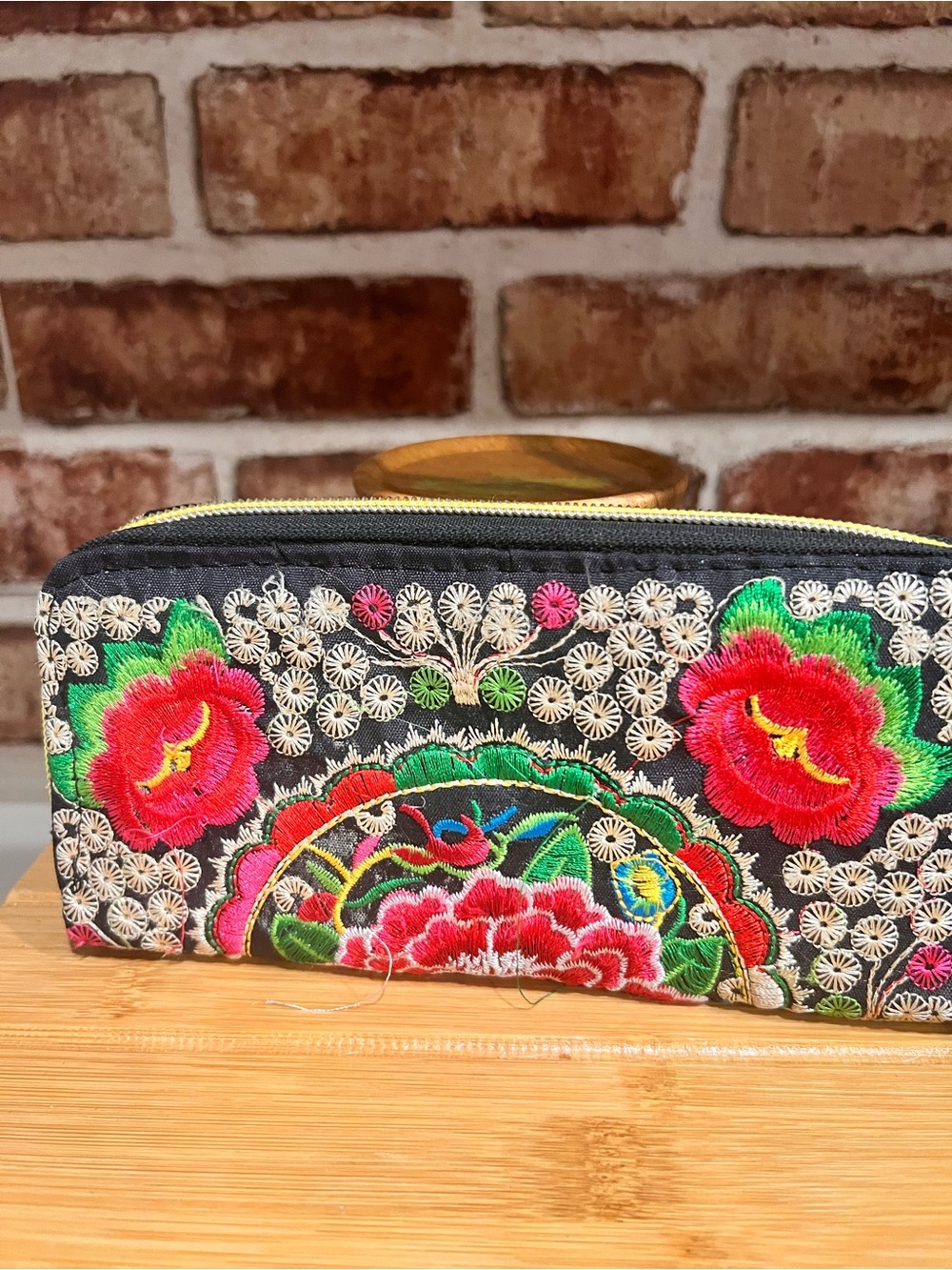 Embroidered Floral Clutch Wallet - Black with Red & Green Accents